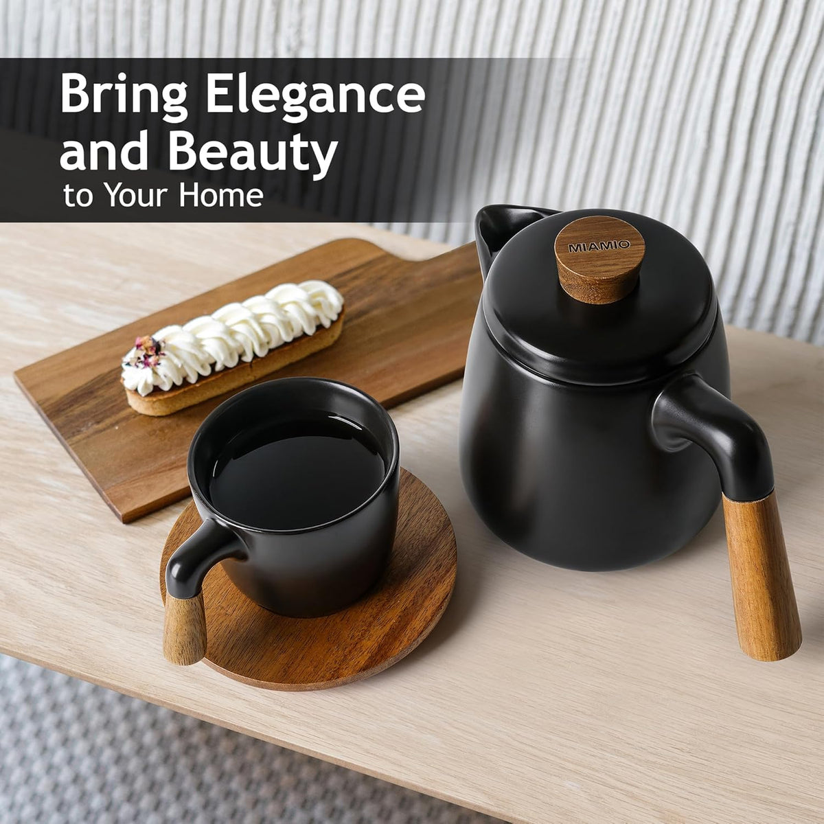 Miamio – 34 Oz Ceramic Tea Pot Set with Infuser and Cups/Tea Strainer, 4 Ceramic Tea Mugs (10 Oz), Bamboo Saucers/Handle for Home and Office (Black)