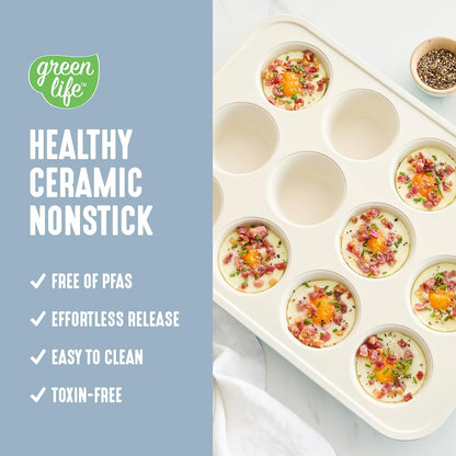 GreenLife 12-Cup Muffin Pan, Healthy Ceramic Nonstick Bakeware, PFOA & PFAS-Free Cupcake Tray, Durable Baking Pan, Versatile Kitchen Essential, Easy Clean Muffin Mold, Nonstick Baking Sheet, Blue Haze