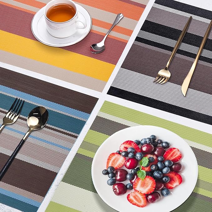 Set of 6 Colorful Striped Vinyl Placemats Heat-Resistant Washable Placemats Non-Slip Woven Table Mats Wipeable Placemat for Kitchen Dining Table Decoration Indoor Outdoor (Black&Grey)