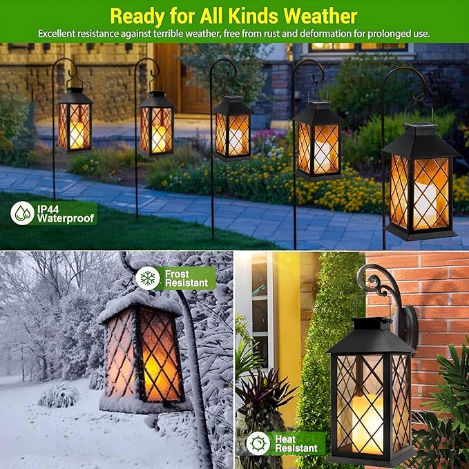 Yowin Solar Lanterns Outdoor Waterproof 14" Large Tempered Glass Solar Hanging Lantern for Outside with Flickering Candle, Mother's Gift Ideas, Wall Lamps for Garden Patio Vintage Decorations - Black