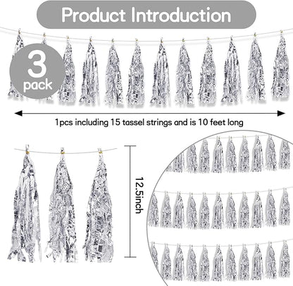 BEISHIDA 3 Packs Silver Metallic Foil Fringe Tassel Garland, Tassels Banner Streamers for New Year Silver Wedding Engagement Graduation Birthday Bridal/Baby Shower Christmas Holiday Party Decoration