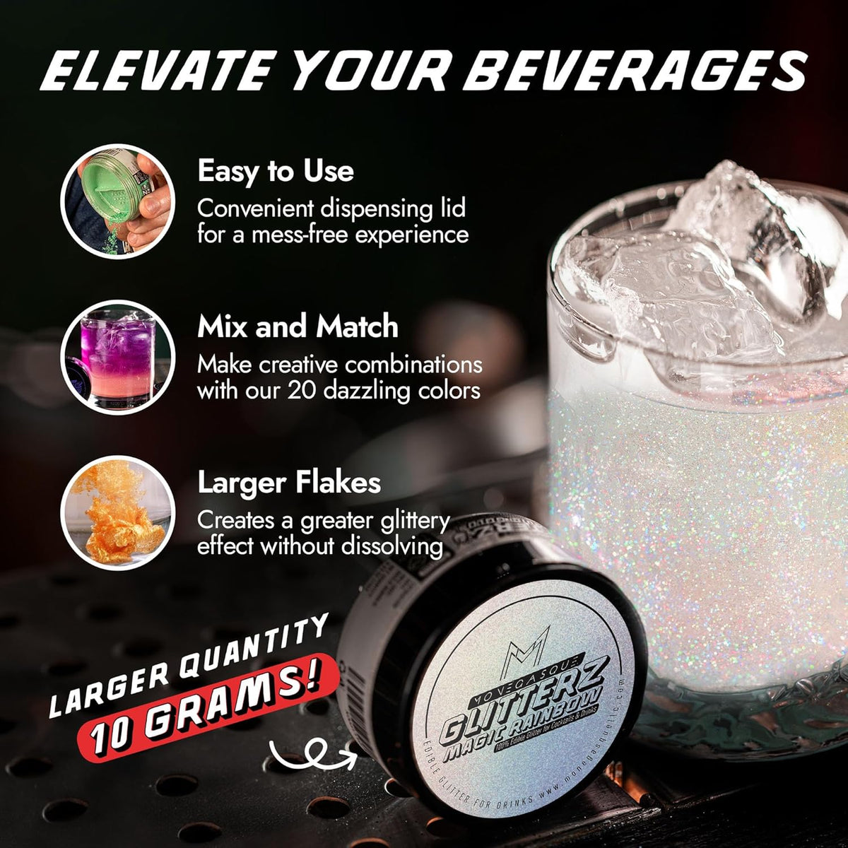 Monégasque Magic Rainbow Edible Glitter for Drinks 10g – Edible Glitter for Cakes & Cocktails – Cocktail & Drink Shimmer Powder