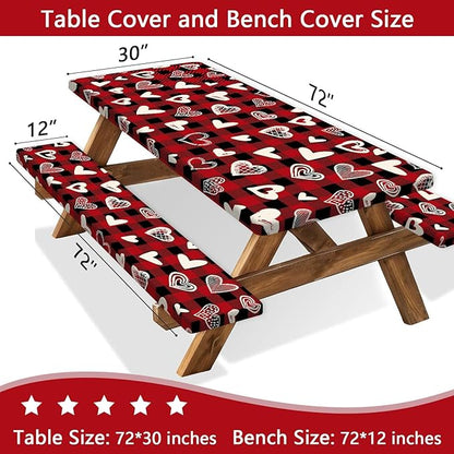 Valentines Day Picnic Table Cover with Bench Covers, Camping Essentials, Heart Buffalo Plaid Outdoor Table Covers, Waterproof Windproof, Fitted Tablecloth Cover with Elastic Edge, 3 PCS, 30x72 Inch