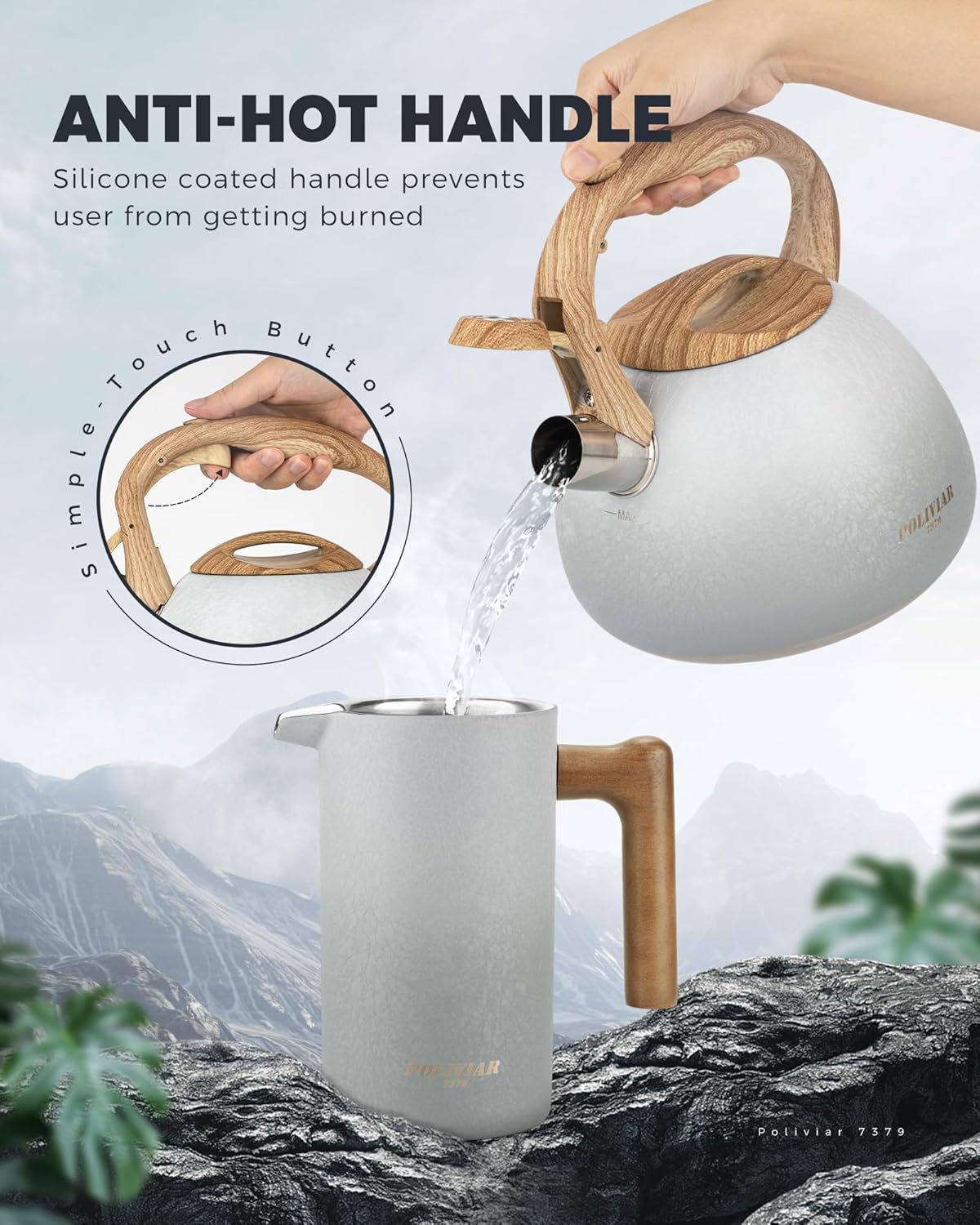 POLIVIAR Tea Kettle, 2.7 Quart Stovetop Tea Kettle, Audible Whistling Teapot with Crackle Finish, Food Grade Stainless Steel for Anti-Rust, Anti Hot Handle, Suitable for All Heat Sources (JX2023-LYW)