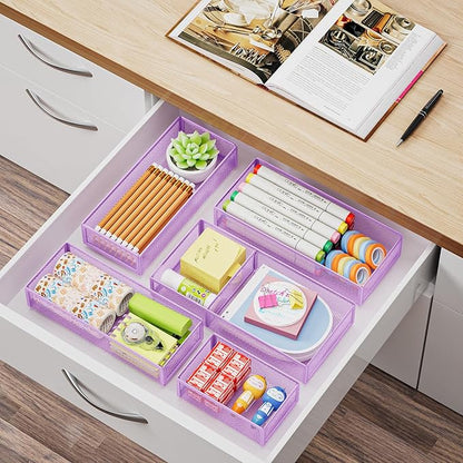 Marbrasse 5 Pack Desk Drawer Organizer Set, Mesh Drawer Storage Trays with 1 Adjustable Divider, Desk Organizers and Accessories, 5 PCS Drawer for Office Supplies, Makeup & Vanity (Purple)