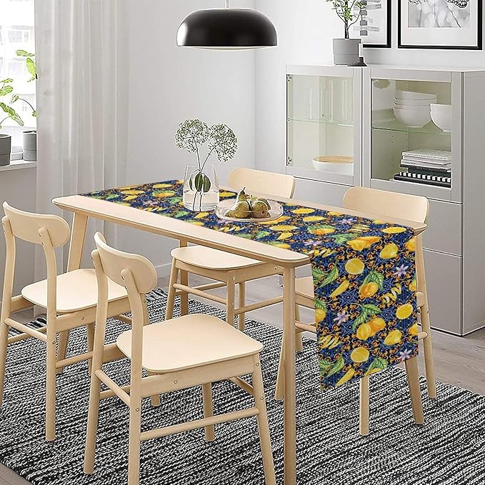 Yellow Lemon Table Runner Vintage Retro Summer Fruit Blue White Floral Printed Dining Table Decoration for Home Holiday Party Dresser Kitchen Cabin Restaurant Wedding Decor 13×60in