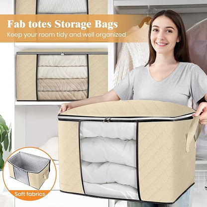 Fab totes 24 Gallons Clothes Storage, Foldable Thick Fabric Blanket Storage Bags, Containers for Organizing Bedroom, Closet, Clothing, Comforter, Organization with Handle (10 Pack,Beige)