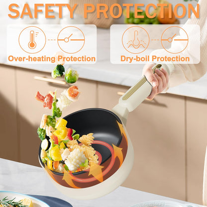 TOPWIT Hot Pot Electric with Steamer, 2L Multifunctional Electric Pot, Non-Stick Sauté Pan, Portable Pot for Steak, Fried Rice, Ramen, Soup with Dual Power Control (Silicone Spatula Included), Beige