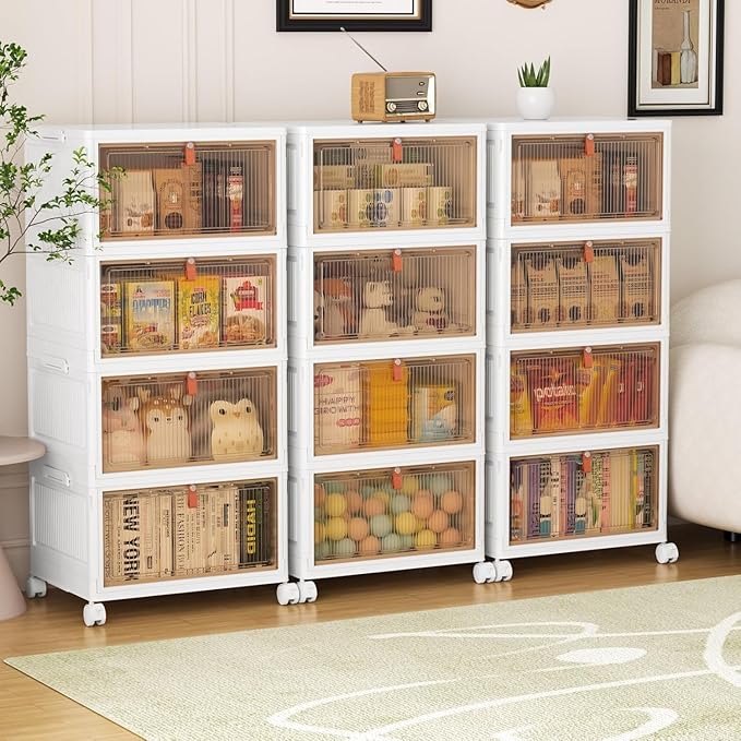 YFXCVSL 4 Tier Plastic Storage Bins with Lid 28QT - Stackable Storage Containers with Wheels, Folding Storage Boxes, Collapsible Storage Bins, Closet Organizers and Storage
