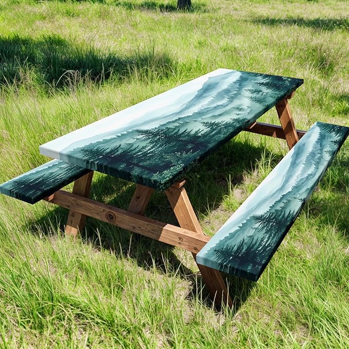 JAWO Green Forest Picnic Table Cover - Fitted Tablecloth with Elastic Edge,Camping Design for Outdoor Camping, BBQ Decor, 72x30 Inch