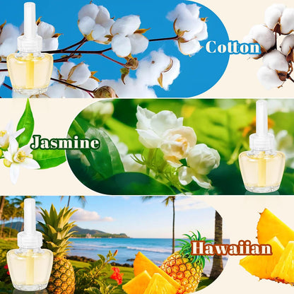 Plug-in Air Freshener Starter Kit, 1 Warmer and 9 Essential Oil Refills, Hawaiian, Jasmine, Cotton Scents for Home, Bathroom and Office, Compatible with Air Wick,Compatible with Glade