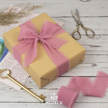 Rosy Mauve Chiffon Ribbon - 1.5 Inch x 21 Yards, Handmade Fringe, Silk, Boho Frayed, Perfect for Gift Wrapping, Wedding Invitations, Bridal Flower Bouquets