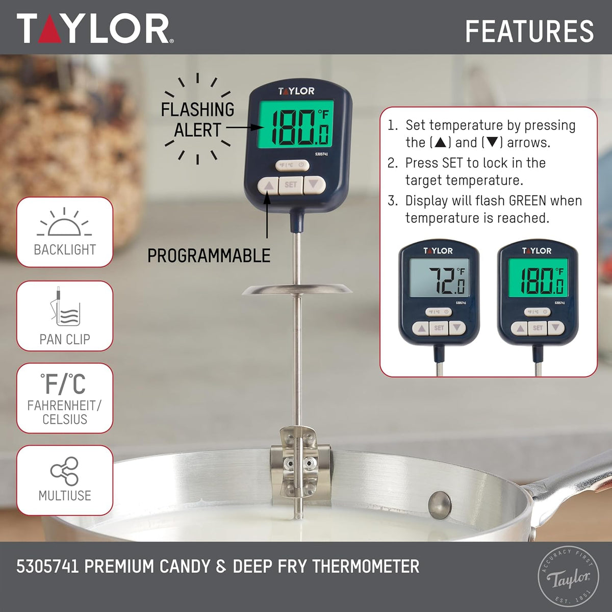 Taylor Digital Premium High Heat Resistant Candy Thermometer, Meat, Deep Fry, Brewing, and Craft Thermometer, with pan/Kettle Clip and Heat Shield