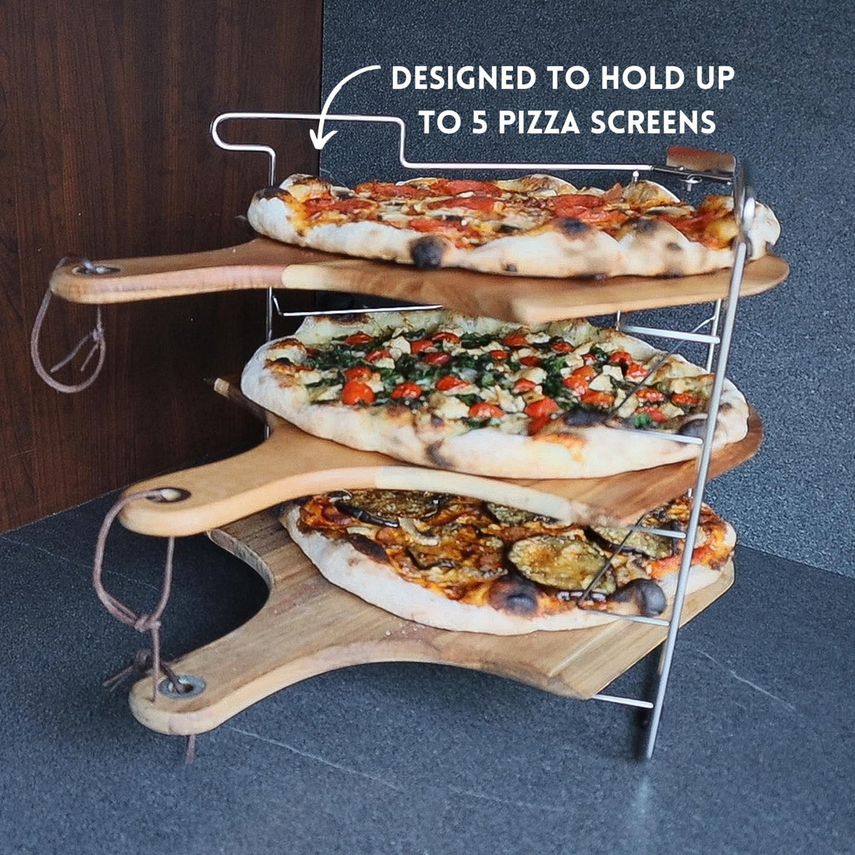 Folding Pizza Rack with Five 14 Inch Pizza Screens - Compact and Convenient Design for Easy Storage and Baking Multiple Pizzas