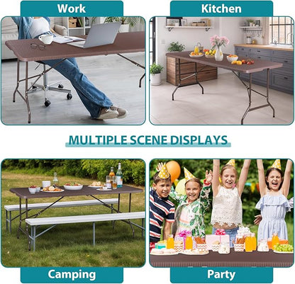 SUPER DEAL 6FT Folding Table for Indoor Outdoor, Portable Heavy Duty Fold-in-Half Plastic Dining Picnic Party Camping Table with Carrying Handle, Brown