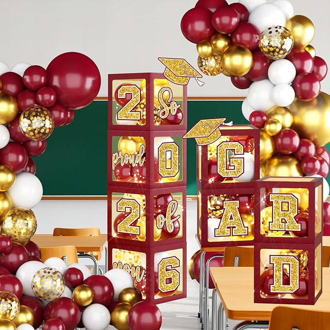 Graduation Decorations Class of 2026,Maroon and Gold Graduation Decorations 2026,Maroon and Gold Grad Balloon Boxes with Letters 2026,So Proud of You Backdrop for Graduation Party