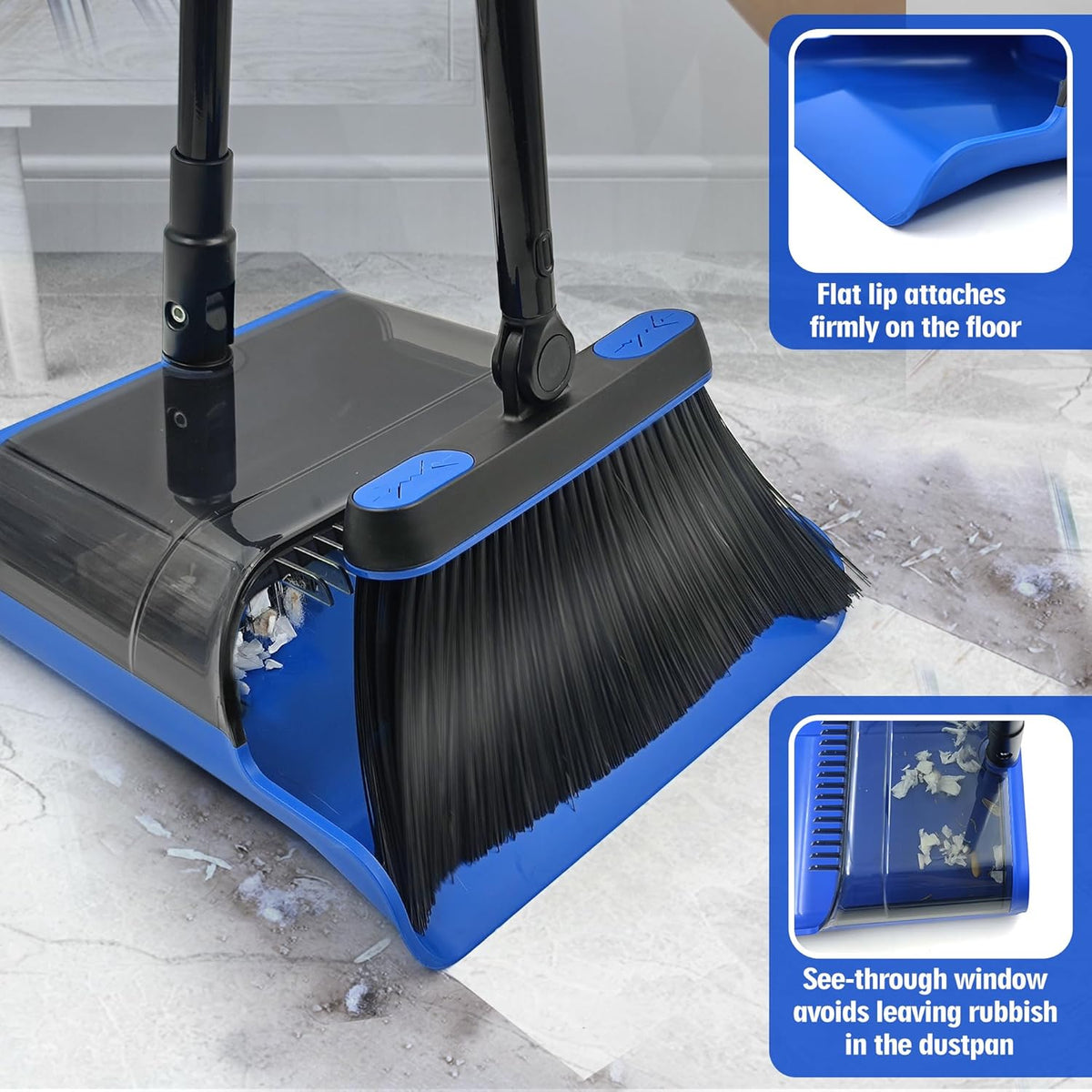 JEHONN Broom and Dust Pan, Upgraded Large Foldable Dustpan with Comb Teeth, 53.5 inches Long Handle Swivel Brush Indoor for Home Kitchen Lobby Floor Cleaning (Blue)