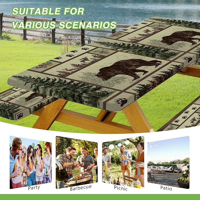 JAWO Picnic Table Cover with Bench Covers Rustic Bear Pattern Waterproof Windproof Fitted Outdoor Patio Camping Rectangle Tablecloth 72x30 Inch Elastic Edges