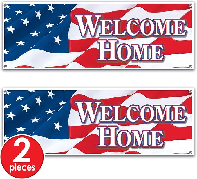 Beistle Welcome Home Sign Banners, 21” x 5’, 2 Pack – Service Personnel Homecoming Decorations, Welcoming Party Supplies for Indoors & Outdoors, American Flag Themed Décor with Stars & Stripes