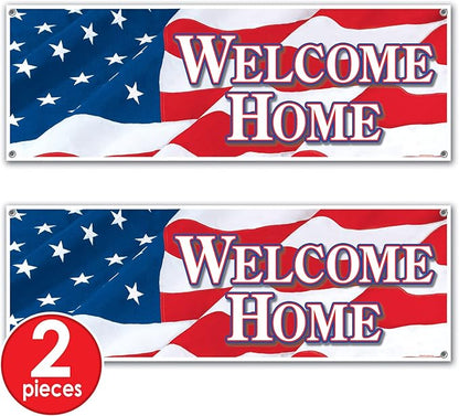 Beistle Welcome Home Sign Banners, 21” x 5’, 2 Pack – Service Personnel Homecoming Decorations, Welcoming Party Supplies for Indoors & Outdoors, American Flag Themed Décor with Stars & Stripes