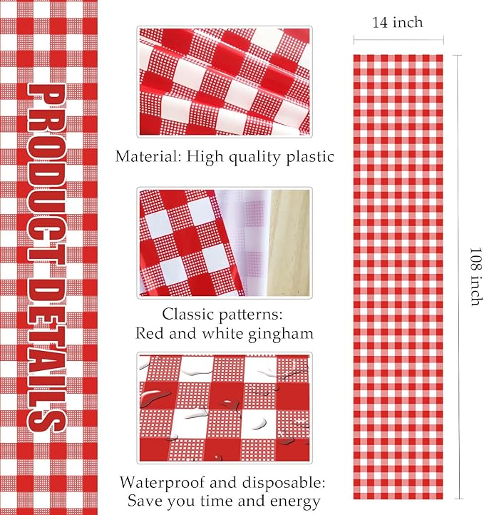 12 Pcs Red and White Checkered Table Runner Plastic 14 x 108 Disposable Gingham Table Runner for Birthday Wedding Baby Shower Christmas Party Table Centerpiece Decorations