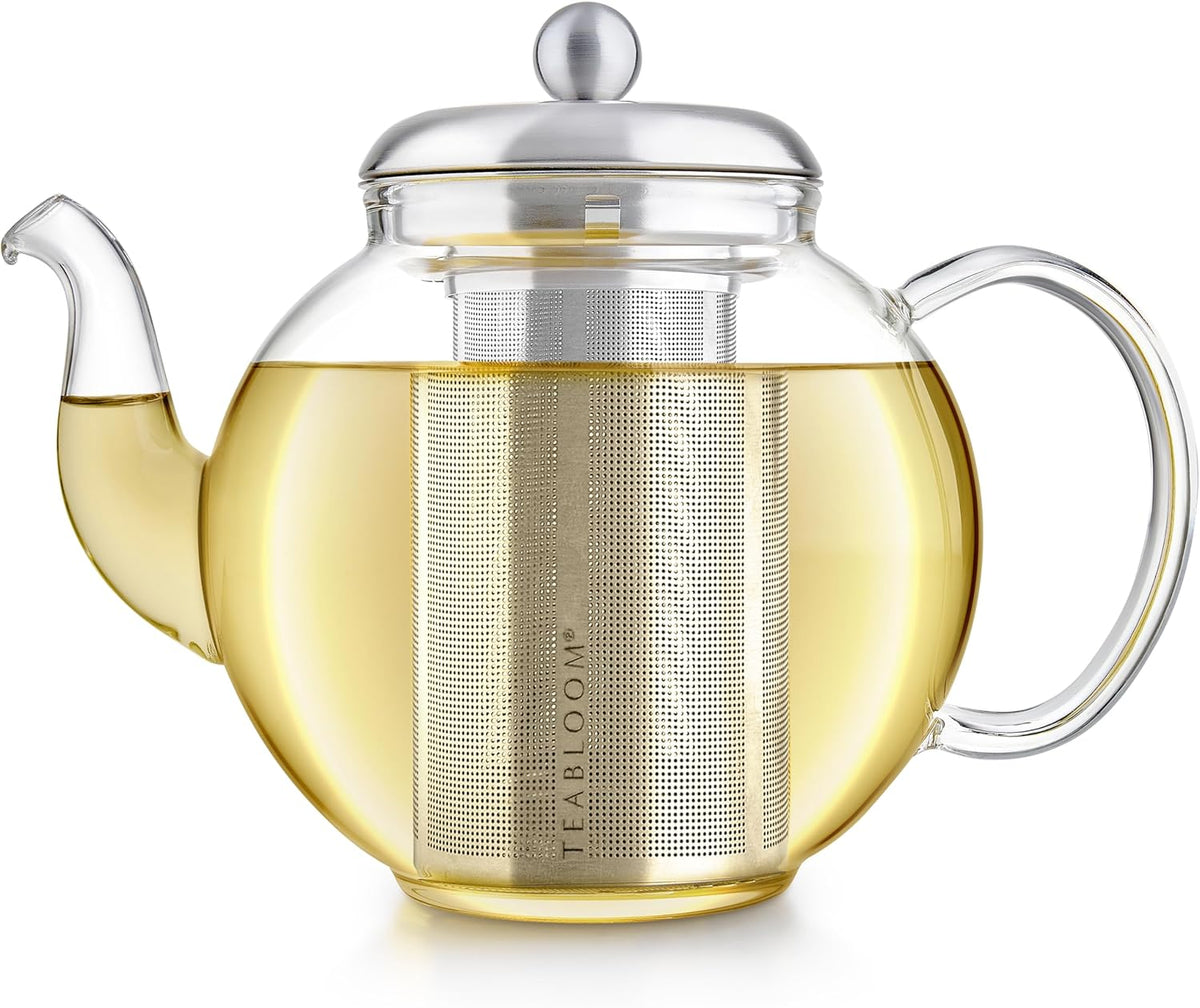 Teabloom Heritage Borosilicate Glass Teapot – 40 oz Classic Round Design with Stainless Steel Infuser – Stovetop Safe, Drip-Free Spout