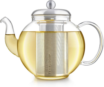 Teabloom Heritage Borosilicate Glass Teapot – 40 oz Classic Round Design with Stainless Steel Infuser – Stovetop Safe, Drip-Free Spout