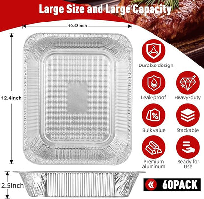 Aluminum Pans Half Size, 9x13, Heavy Duty Disposable Foil Pans for Baking, Roasting, Cooking, Heating, Storing, Deep Tin Foil Bakeware for Oven, Steam Table Tray, Cookware, Food Prepping (60 Pack)