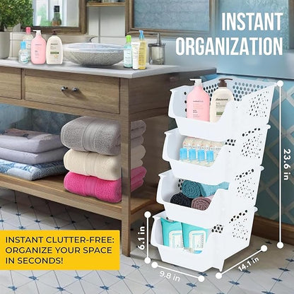 TidyFriend 4 Pack Stackable Storage Bins Open Front for Pantry Organizers and Storage, Plastic Storage Bins, Dorm Room Essentials, Pantry Storage for Food, Kitchen and Home Organization (White)