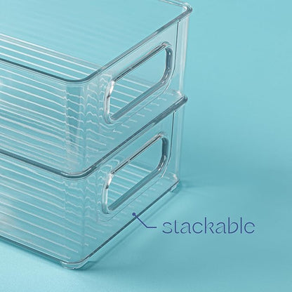 Plastic Food Storage 2 Pack Clear Container Bin with Handles for Organizing Kitchen, Pantry, Refrigerator, Freezer, Pantry, Cabinet, Closet, Bathroom. Stackable 10”x6”x3”