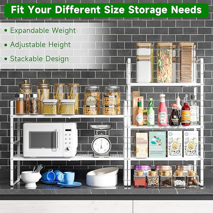 Expandable Kitchen Cabinet Shelf Organizer Rack Heavy Duty Metal Spice Rack Stackable Kitchen Counter Storage Shelf for Cabinet Pantry Bathroom (White- 16.5"-27" L x 8" W x 9.6" H - 2Pack)