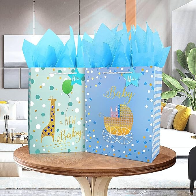Gift Bag for Baby Boy,12.6" Large Gift Bags with Tissue Paper,Gift Bag for Baby Shower Bag with Gold Foil Design, Paper Gift Bag for Newborn,Baby,New Moms,Gift Wrap Baby Shower Bag for Baby Boy Baby Girl,Baby Birthday Gift Bags with Handles,Cute Presen...