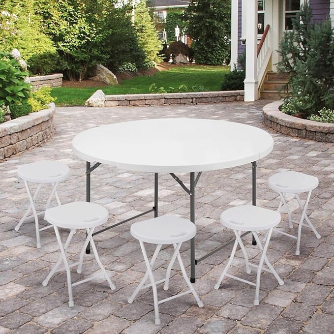 MoNiBloom 4Ft Round Folding Table, Indoor Outdoor Plastic Dining Card Table with Handle and Lock for Picnic Party Banquet Wedding, White