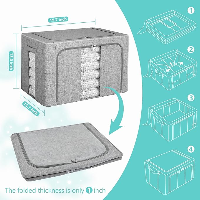 3 Pack Clothes Storage Bins, Foldable Metal Frame Storage Box with Lids,Stackable Linen Fabric Organizer Set with Carrying Handles,Zippers,and Clear Window (Grey, 66L)