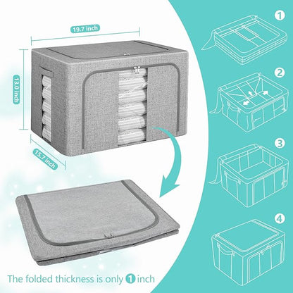 3 Pack Clothes Storage Bins, Foldable Metal Frame Storage Box with Lids,Stackable Linen Fabric Organizer Set with Carrying Handles,Zippers,and Clear Window (Grey, 66L)