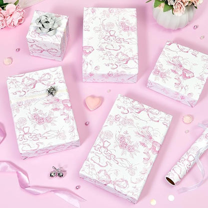 WERNNSAI Pink Bow Floral Wrapping Paper - 1 Roll 17”x 33 ft Vintage Flower Gift Wrap Paper Pink Bow Princess Gift Packing for Girls Bridal Shower Wedding Coquette Birthday Party Favor