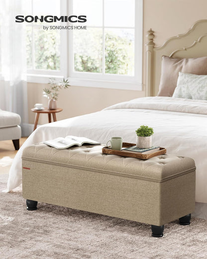 SONGMICS Storage Ottoman, Storage Bench, Tufted Entryway Bedroom Bench, 17.7 x 46.5 x 17.7 Inches, Hinges Easy Lid Operation, Wooden Legs, Linen-Look Cover, Loads 330 lb, Camel Brown ULOM070K01