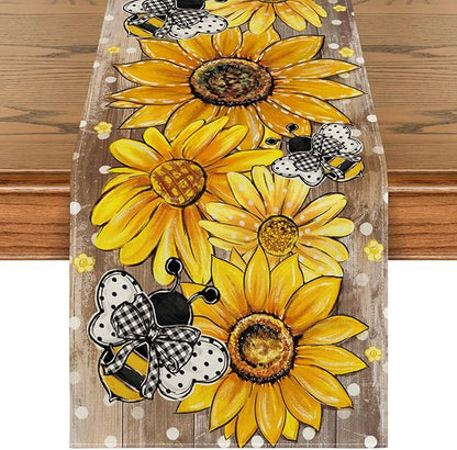 Artoid Mode Wood Sunflower Bee Flower Polka Dot Summer Table Runner, Seasonal Kitchen Dining Table Decoration for Home Party Decor 13x60 Inch
