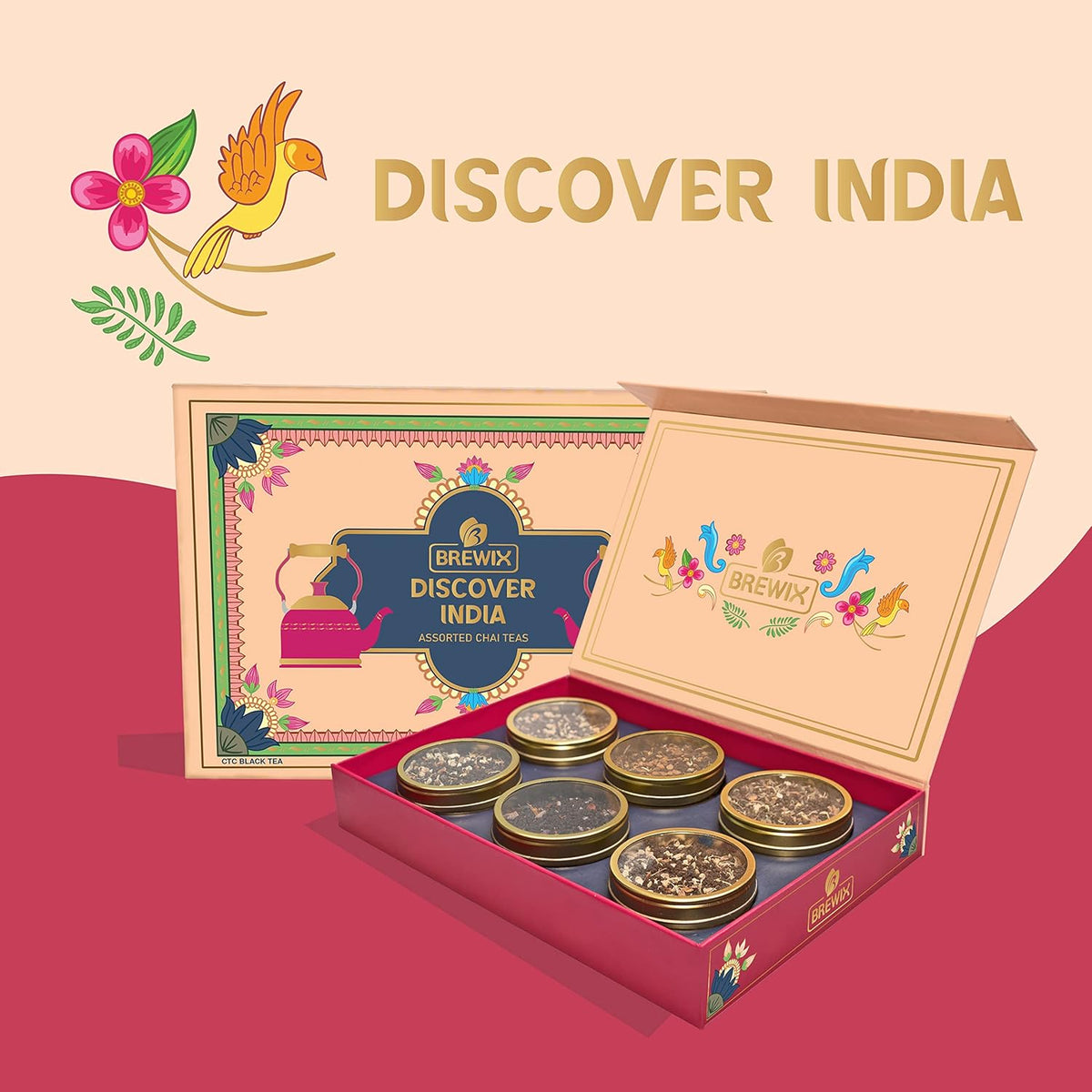 Brewix, Discover India Premium Black Tea Christmas Gift Box (6.34oz/90+ Cups), Tea Gift Sets For Tea Lover, 6 Unique Chai Teas, Best for Birthdays