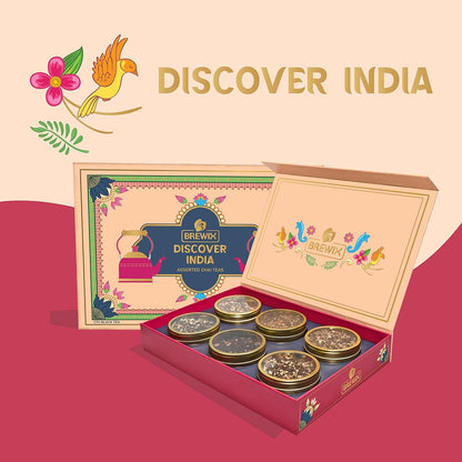 Brewix, Discover India Premium Black Tea Christmas Gift Box (6.34oz/90+ Cups), Tea Gift Sets For Tea Lover, 6 Unique Chai Teas, Best for Birthdays