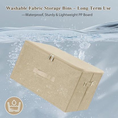 ANMINY 2PCS Storage Bins with Zipper Lids 51.9 Qt Lidded Fabric Storage Boxes Baskets Cubes with Handles Collapsible Washable Cotton Linen Closet Shelf Clothes Organizer - Beige, Extra Large