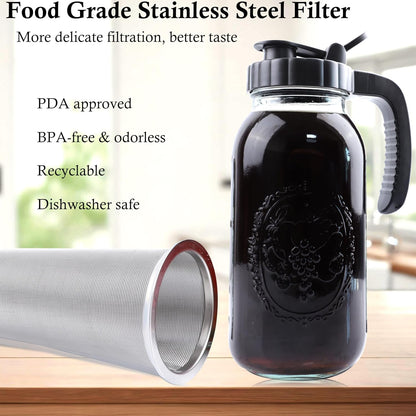Cold Brew Coffee Maker Pitcher 2 Quart Glass Mason Jar With Spout Lid Filter Half Gallon Wide Mouth Iced Tea Brewing Jug Heavy Duty Handle Airtight &amp; Leak-Proof Pitcher For Fridge Sun Tea 64 OZ
