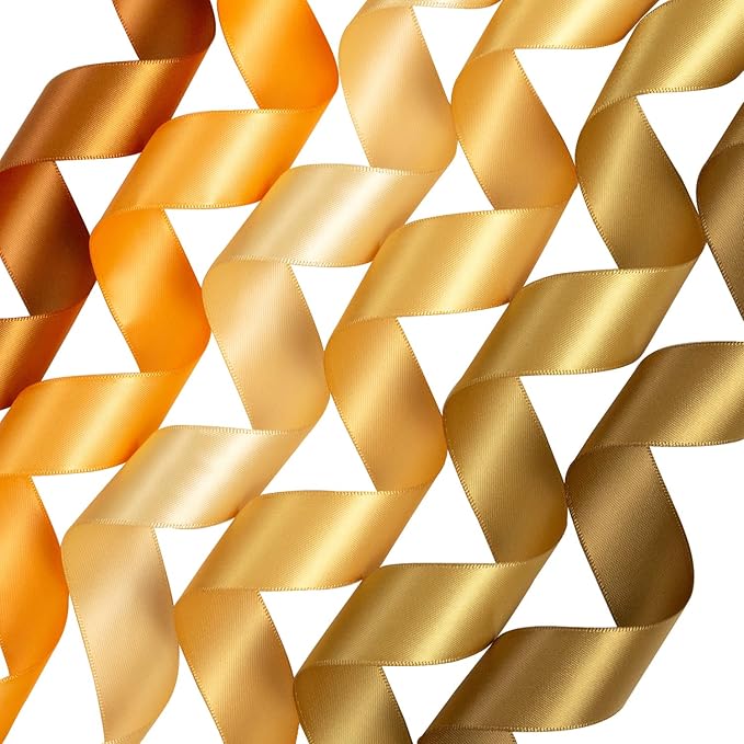 Gold Ribbon 1 Inch Golden Brown, Copper, Champagne, Assorted Double Faced Gold Satin Ribbon for Gift Wrapping, Flower Bouquet, Wedding, Bridal Shower, Christmas, Bows & Crafts - 30Yds