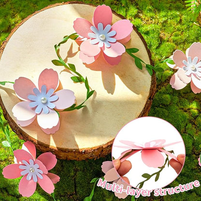3D Cherry Blossom Flower Garland (2PCS) Flower Banner Pink Paper Cherry Flower Garland for Spring Garden Party Wedding Backdrop Arch Decor
