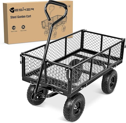 Yesker Steel Garden Carts - 800lbs Dump Wagon with All Terrain Inflatable Wheels for Yard Lawn Farms Gardening - Heavy Duty Utility Outdoor Hauling Wheelbarrow