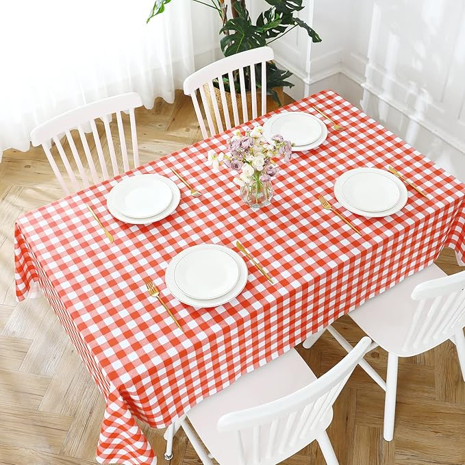 Romanstile Square Vinyl Tablecloth, 100% Waterproof Buffalo Gingham Plastic Table Cloth, Heavy Duty Wipeable Checkered Table Covers for Outdoor, Camping, Picnic, Patio - 60 x 60, Red and White