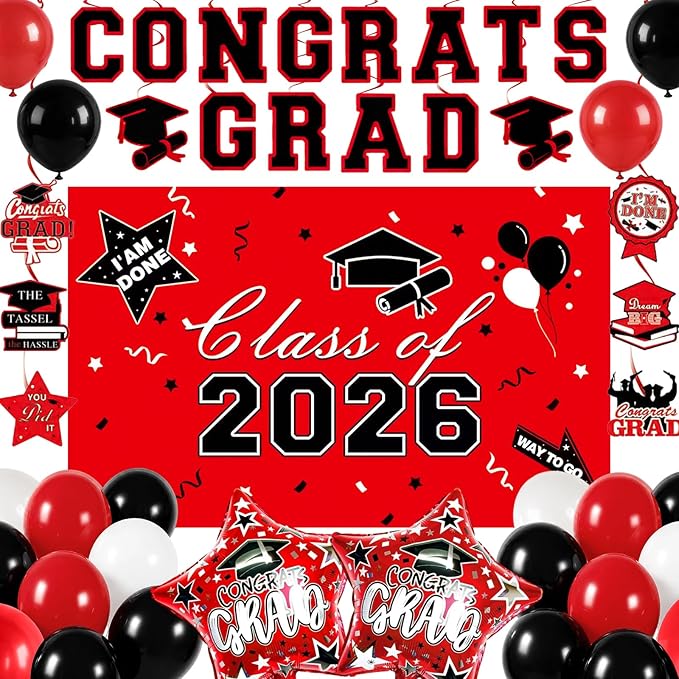 Graduation Decorations 2026, Red Black Graduation Party Decorations Set with Class of 2026 Backdrop Congrats Grad Banner 18inch Foil Grad Star Balloons Hanging Streamers Kit for High School College