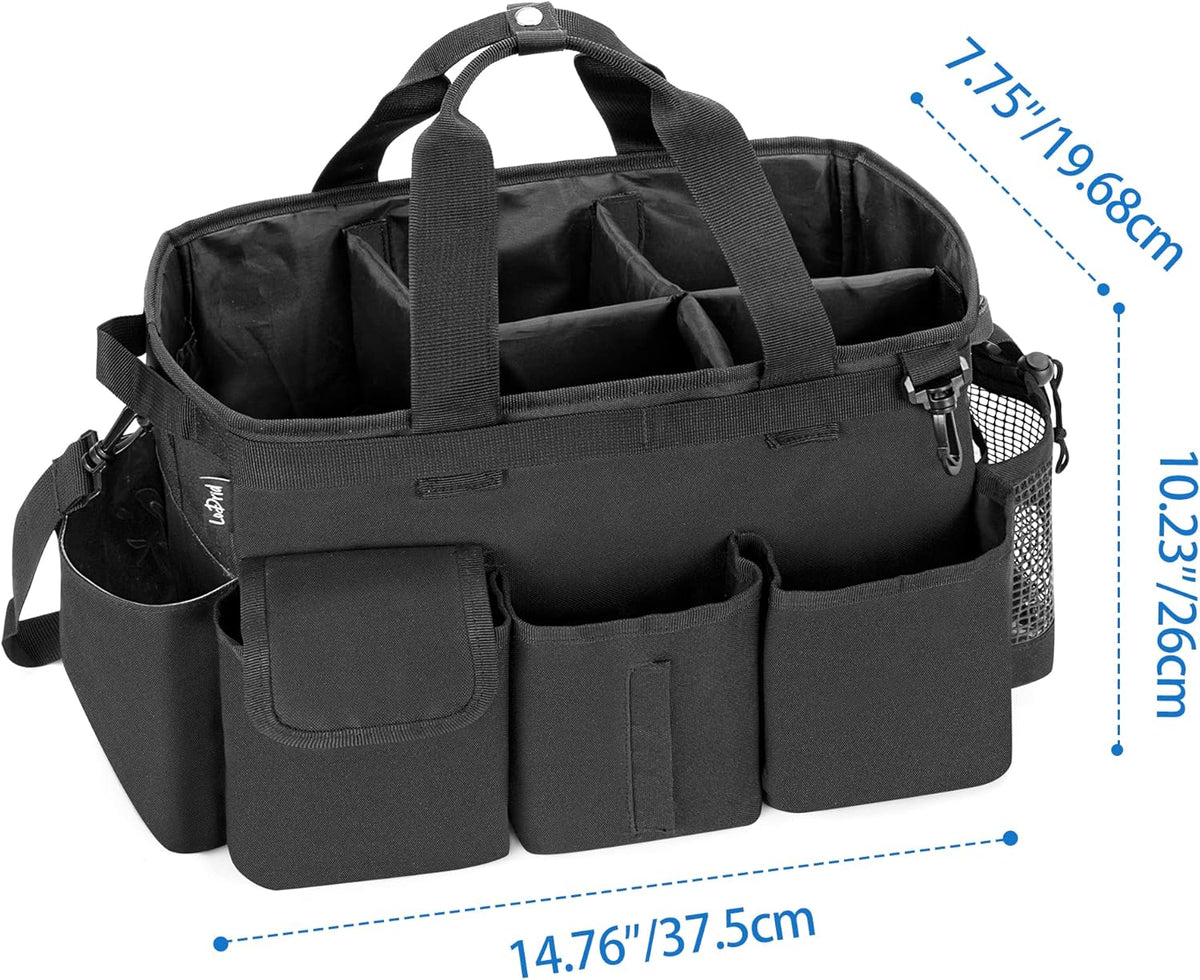 LoDrid Large Wearable Cleaning Caddy Bag with Detachable Divider, Cleaning Supply Tote with Handles, Organizer with Adjustable Shoulder Strap for Cleaners & Housekeepers, Black