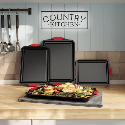 Country Kitchen Nonstick Stackable Bakeware Set - Heavy Duty, Durable, Easy Release Baking Set, Red, 4 Pcs