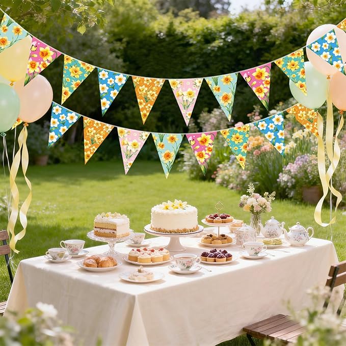 jijAcraft 4 Pack Spring Floral Bunting Banners - Pre-Strung Daffodil Flower Triangle Pennant Banner, Daffodil Spring Party Decorations for St David's Day March Birth Flower Spring Baby Shower Decor